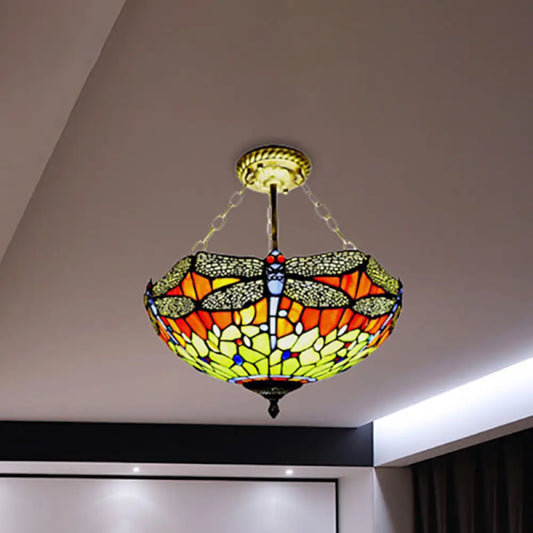DecorBites™ DecorBites™ Dragonfly Stained Glass Tiffany Ceiling Light Rustic Orange/Yellow - Perfect for Cloth Shops