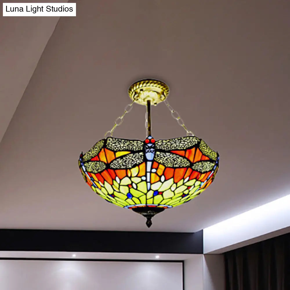 DecorBites™ DecorBites™ Dragonfly Stained Glass Tiffany Ceiling Light Rustic Orange/Yellow - Perfect for Cloth Shops