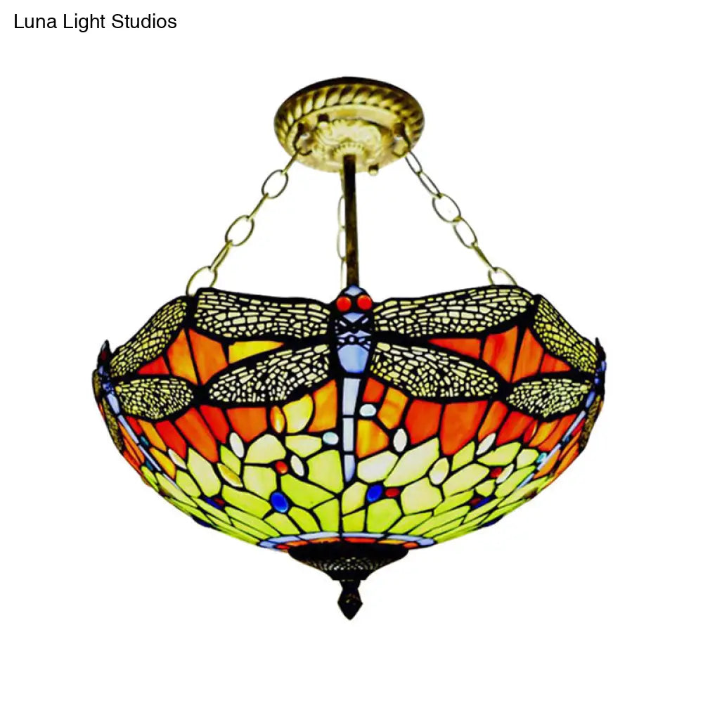 DecorBites™ DecorBites™ Dragonfly Stained Glass Tiffany Ceiling Light Rustic Orange/Yellow - Perfect for Cloth Shops