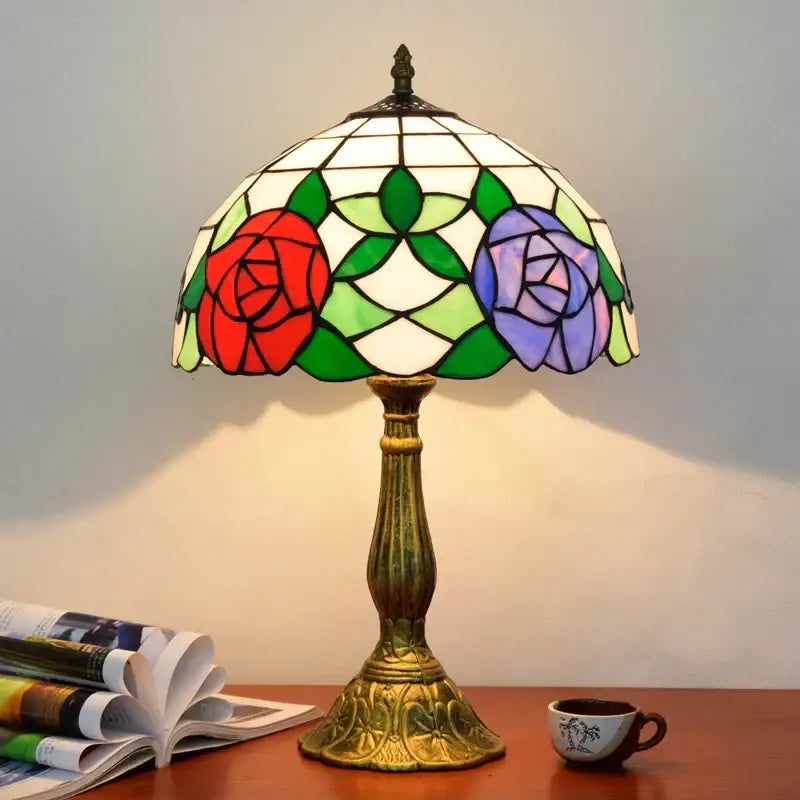 Stained glass decorbites dragonfly tiffany table lamp with gold brass base featuring red purple floral design