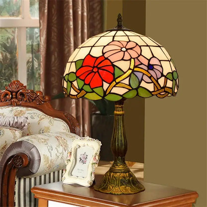 Decorbites dragonfly tiffany stained glass table lamp with vibrant red pink green floral shade and brass base for bedroom decor
