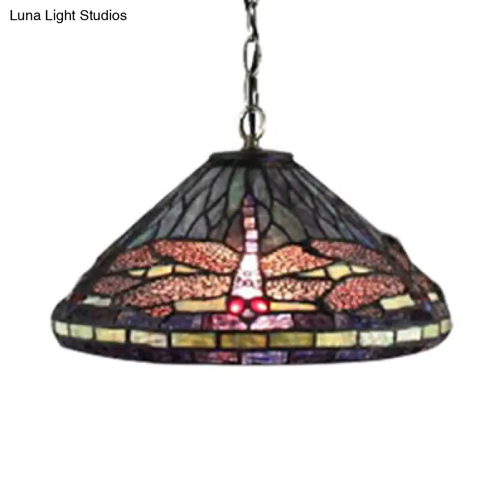 Dragonfly Tiffany-Style Hanging Lamp, Black Stained Glass Pendant Light Kit for Living Room