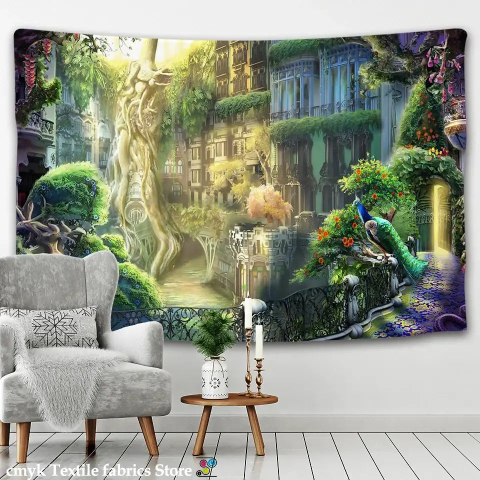 Vibrant decorbites dreamy castle mushroom tapestry featuring lush greenery peacock and overgrown architecture for wall decor