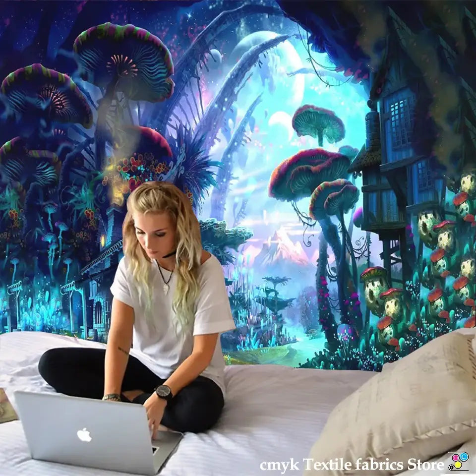 Silver laptop with glowing apple logo shown with decorbites dreamy castle mushroom tapestry wall hanging decor