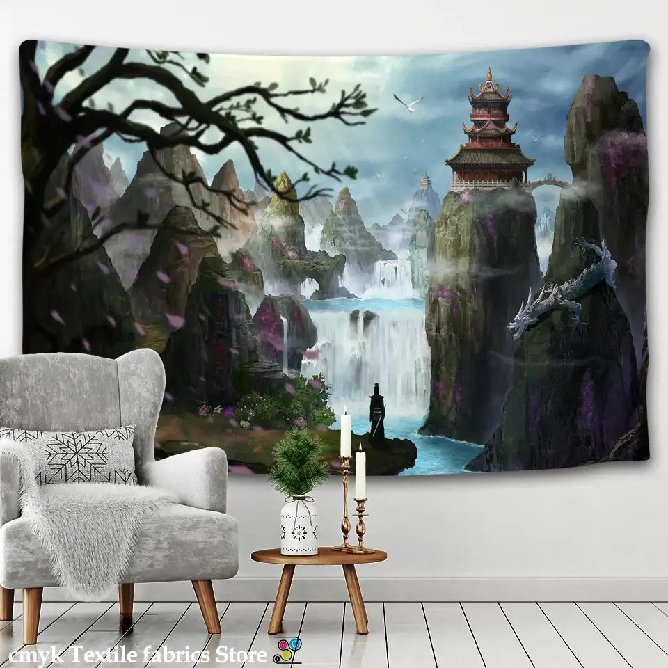 A vibrant decorbites dreamy castle mushroom tapestry with a majestic pagoda, misty cliffs, and dragon motifs for bedroom decor