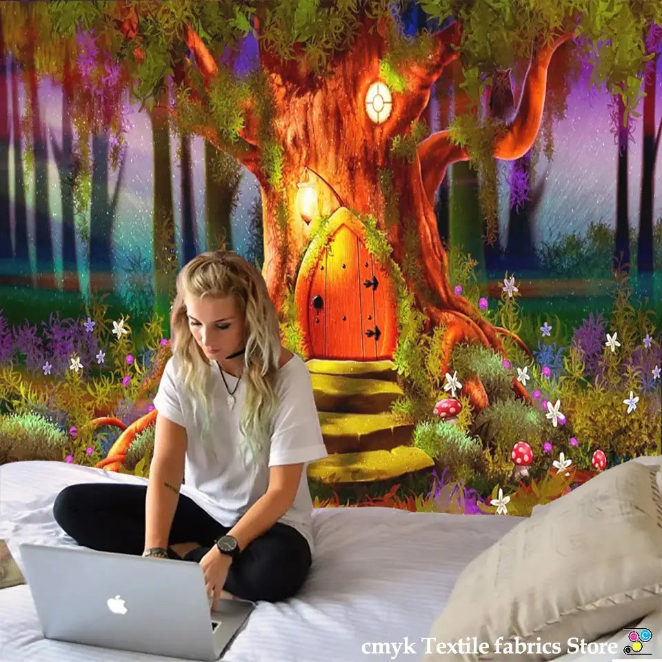 Silver apple laptop on dreamy castle mushroom tapestry bedroom hippie wall hanging decorbites dreamy castle