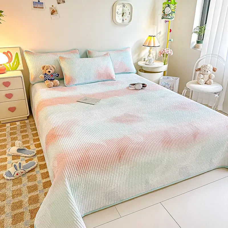 Pastel rainbow striped corduroy dreamy gradient single bedspread in pink and mint green for bedroom decorbites dreamy gradient