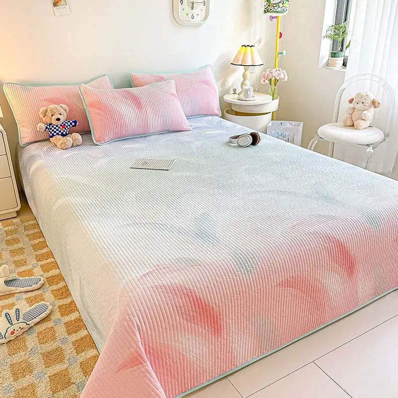 Pastel pink and light blue gradient single bedspread with ribbed quilted texture for decorbites dreamy gradient decor