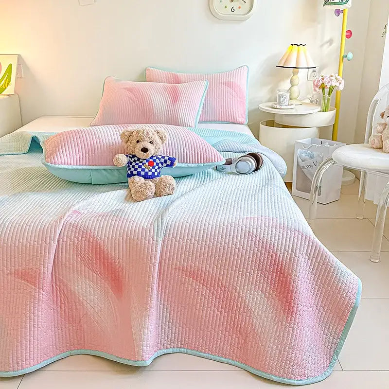Pink and mint green quilted dreamy gradient single bedspread with wavy edge for bedroom decorbites decor