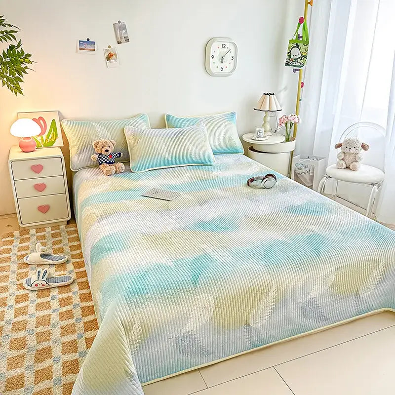 Pastel blue and yellow gradient quilted bedspread with soft ribbed texture for decorbites dreamy gradient single use