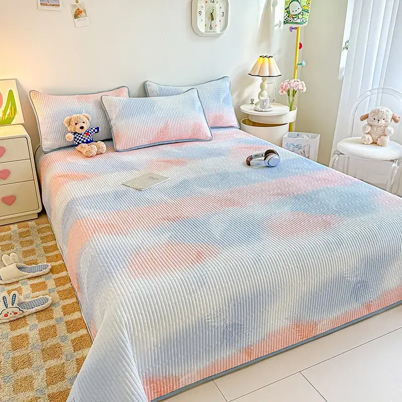 Pastel gradient striped dreamy gradient single bedspread with ribbed texture in soft pink, blue, and white hues