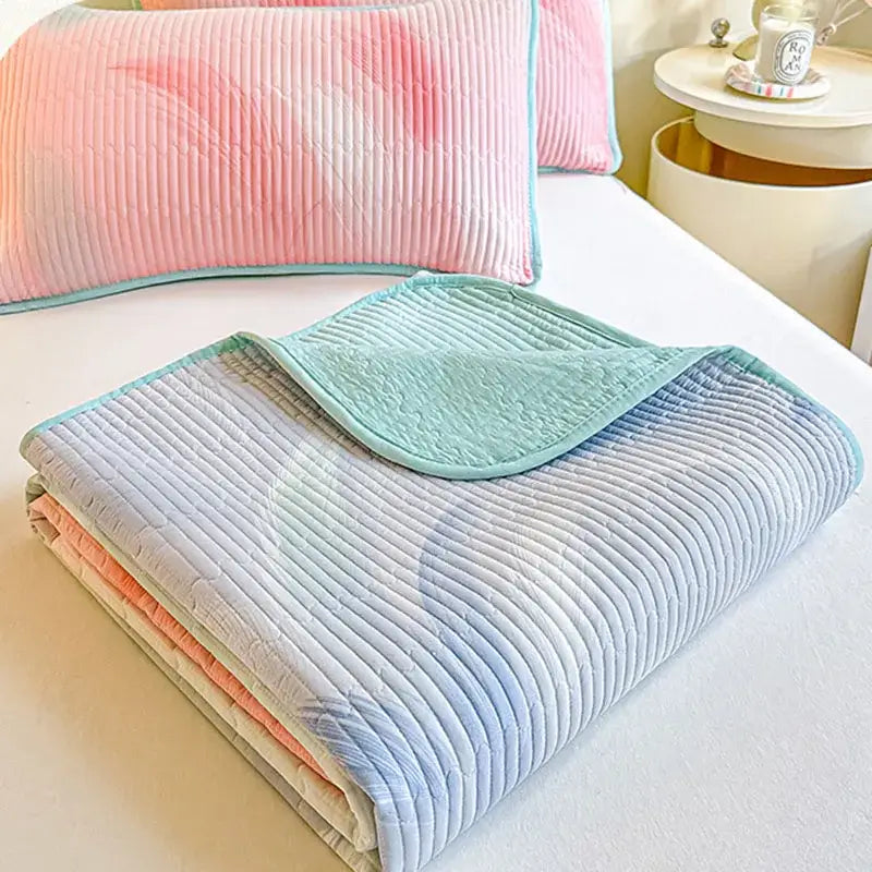 Pastel gradient quilted bedspread with ribbed texture and soft mint green border decorbites dreamy gradient single