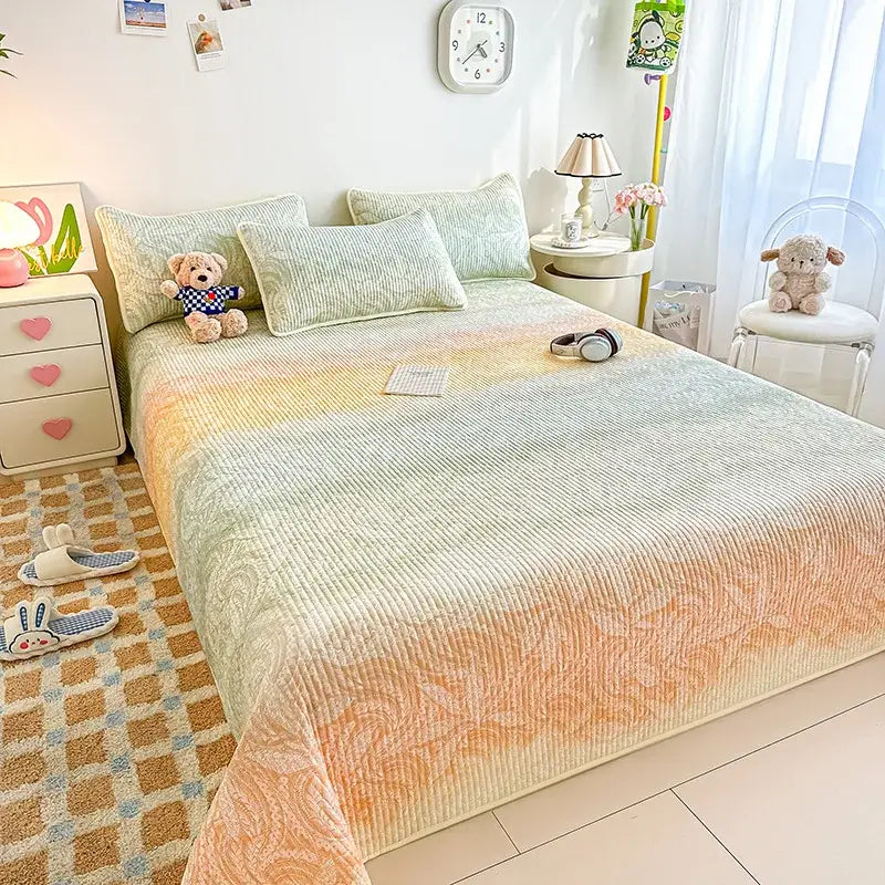 Pastel gradient corduroy dreamy gradient single bedspread with subtle floral embroidery in pink and mint green