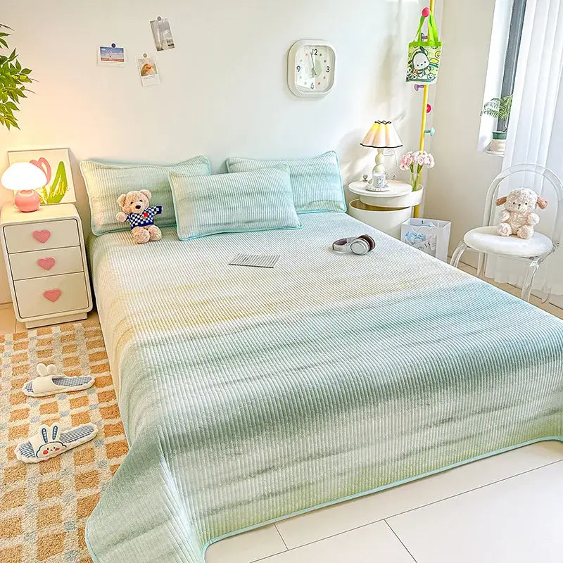 Dreamy gradient single bedspread in soft ribbed mint green and pale yellow with cozy texture for decorbites dreamy gradient collection