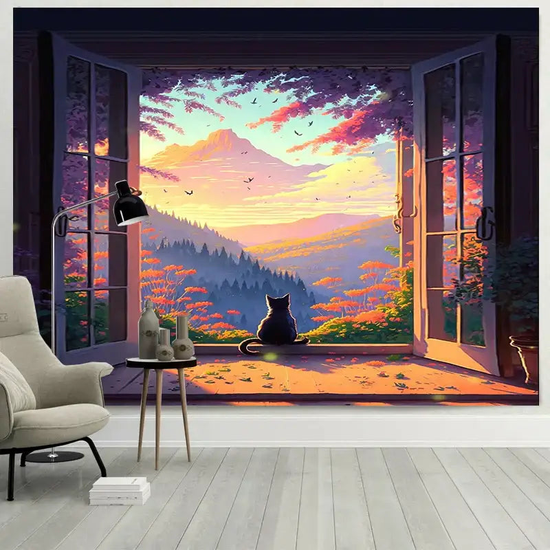 A black cat gazes at a sunset in the decorbites dreamy window cat tapestry for bedroom wall decor