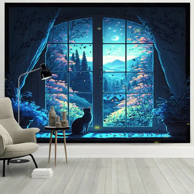 A dreamy window cat tapestry features a black cat on a blue arched window for decorbites dreamy window decor