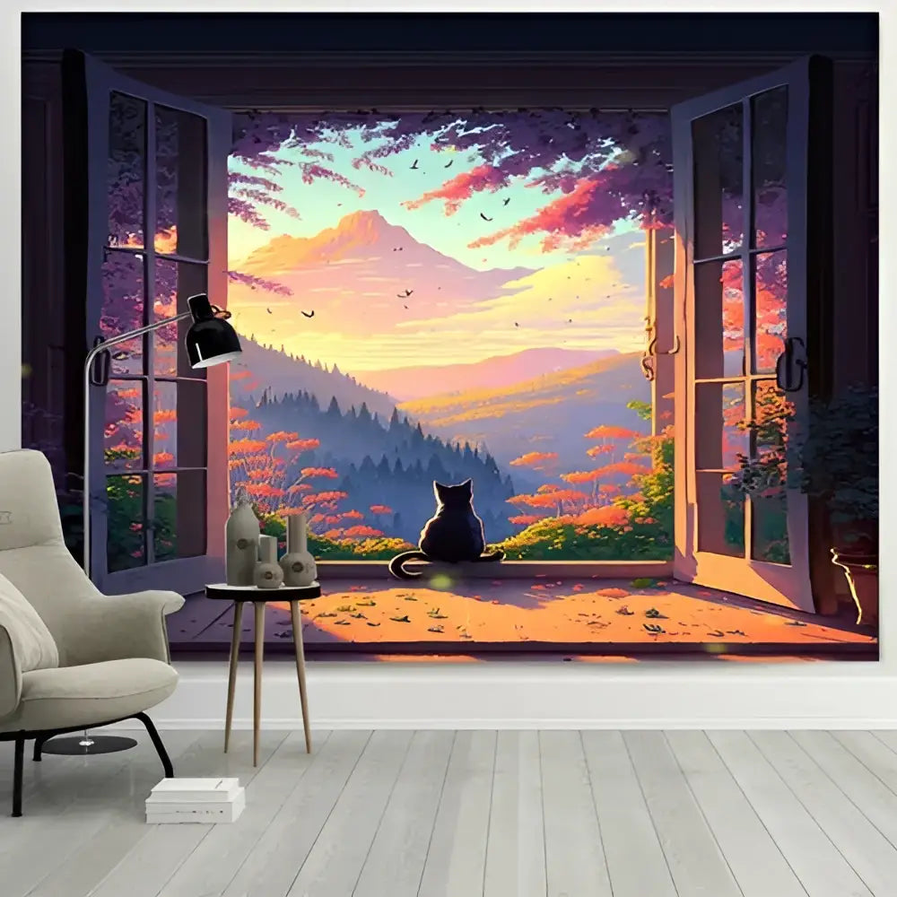 A dreamy window cat tapestry featuring a black cat on a windowsill with vibrant autumn landscape decorbites dreamy window