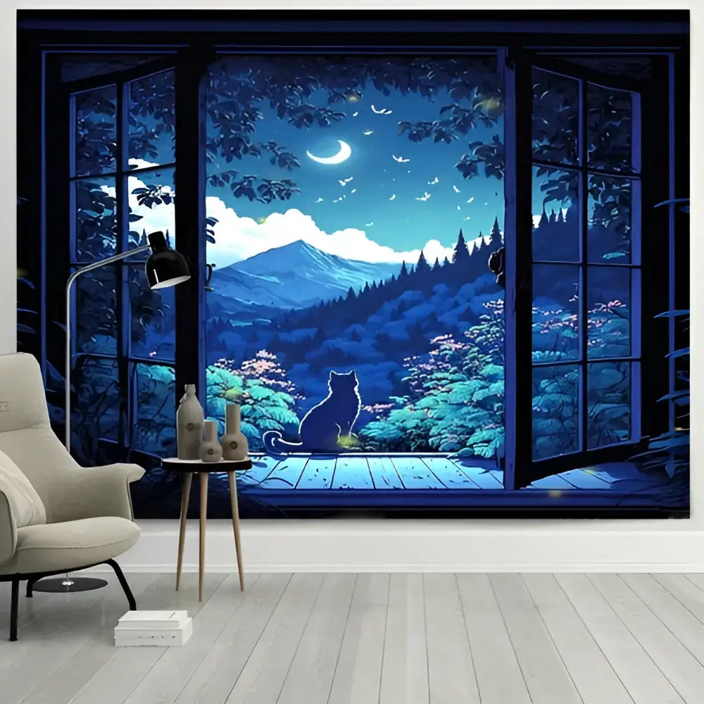 Blue and black illustrated window cat tapestry featuring a crescent moon on wooden deck for bedroom decorbites dreamy window