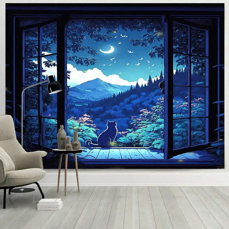 Blue and teal decorbites dreamy window cat tapestry depicting a nighttime scene with a black cat on a wooden porch