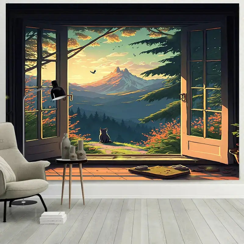 A cozy beige armchair with black metal legs complements a decorbites dreamy window cat tapestry in a minimalist bedroom