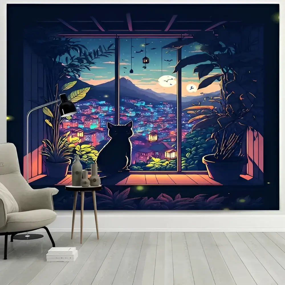 Navy blue dreamy window cat tapestry featuring a black cat on a wooden windowsill with cityscape decorbites dreamy window