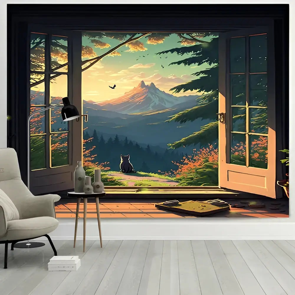 A decorbites dreamy window cat tapestry features a scenic mountain vista with a cat framed by french doors and autumn foliage