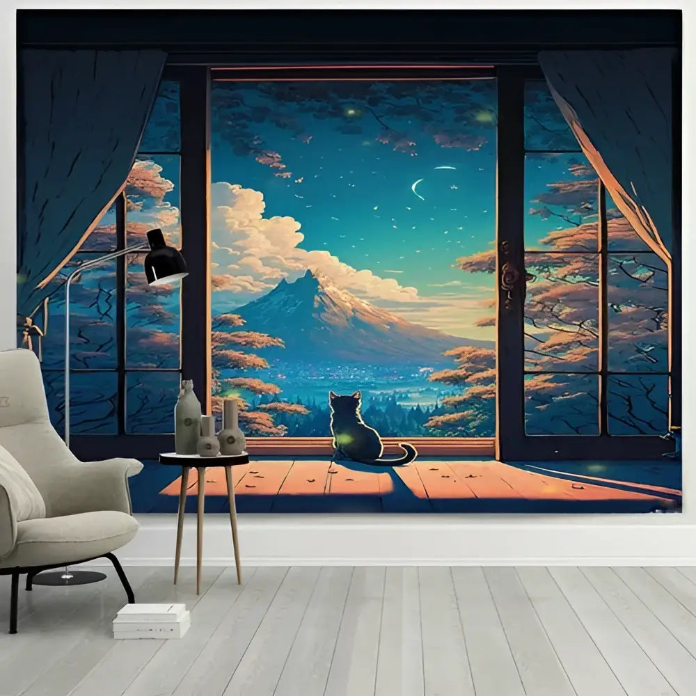 A serene decorbites dreamy window cat tapestry featuring a cat on a wooden windowsill with mountains and stars for bedroom decor