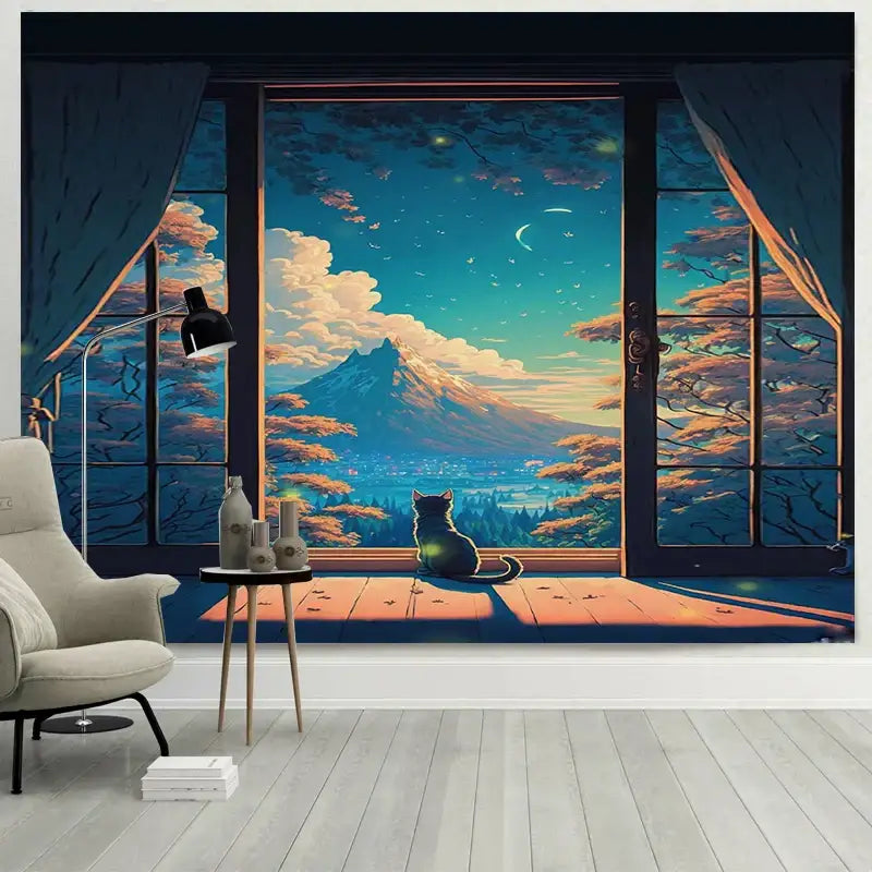 A dreamy window cat tapestry featuring a black cat on a wooden sill overlooking mountains under a crescent moon for decorbites dreamy window decor