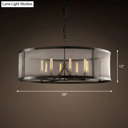 Lámpara colgante DecorBites™ Drum para mesa de comedor, estilo almacén, de metal, 4/8 luces, color negro, con pantalla de malla.