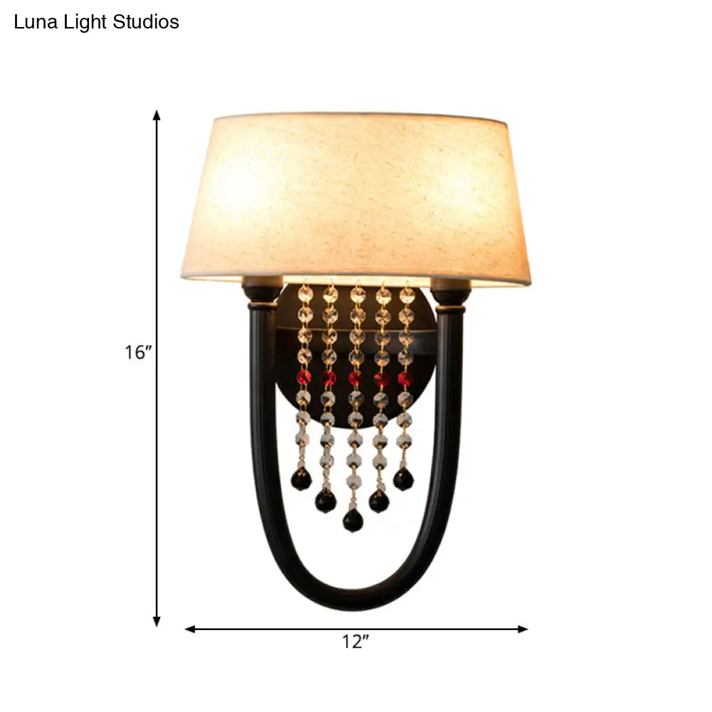 DecorBites™ Drum Wall Sconce: Lodge Style Fabric Lamp with Crystal Bead Detail, 2 Bulbs and U-Shaped Arm in Black