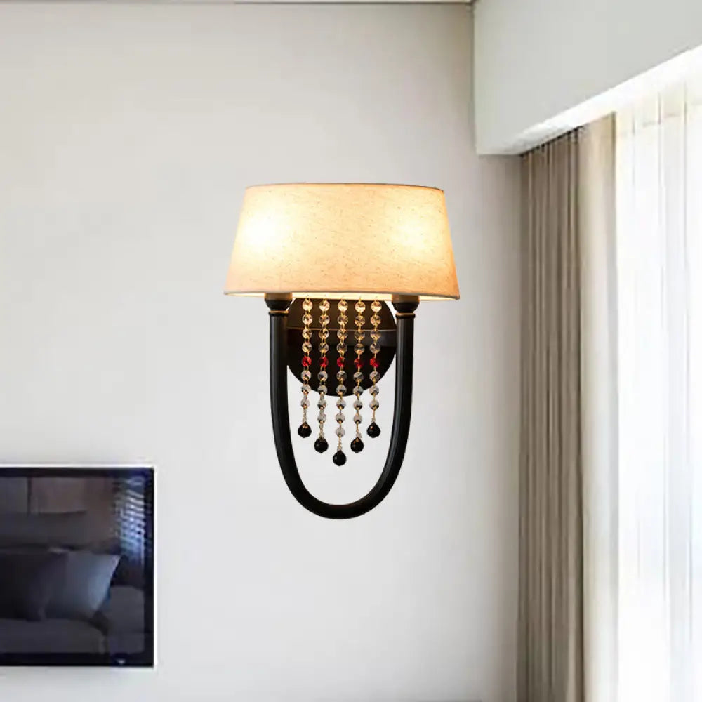 DecorBites™ Drum Wall Sconce: Lodge Style Fabric Lamp with Crystal Bead Detail, 2 Bulbs and U-Shaped Arm in Black