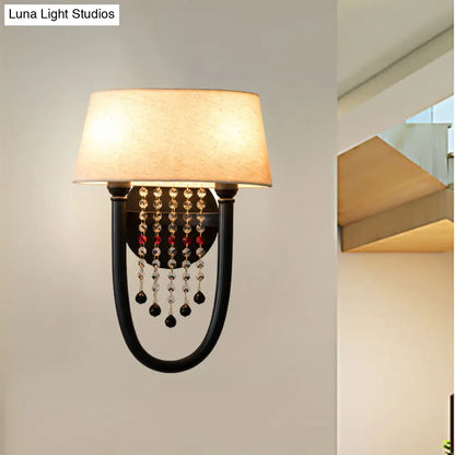 DecorBites™ Drum Wall Sconce: Lodge Style Fabric Lamp with Crystal Bead Detail, 2 Bulbs and U-Shaped Arm in Black