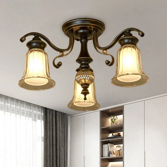 DecorBites™ DecorBites™ Dual Bell Clear & Opal Glass Semi Flush Mount - 3/6 Bulbs Ceiling Fixture Cottage - Black