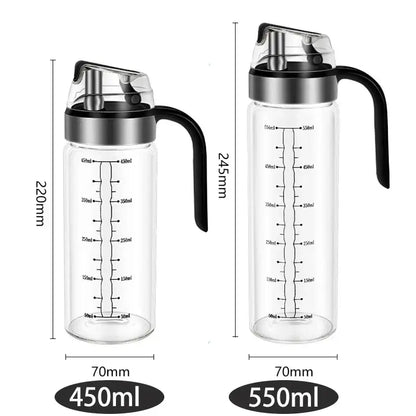 Clear glass durable automatic oil bottle with black handle and silver lid available in 450ml and 550ml capacities