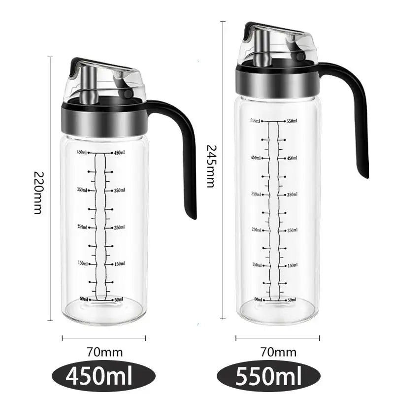 Clear glass durable automatic oil bottle with black handle and silver lid available in 450ml and 550ml capacities