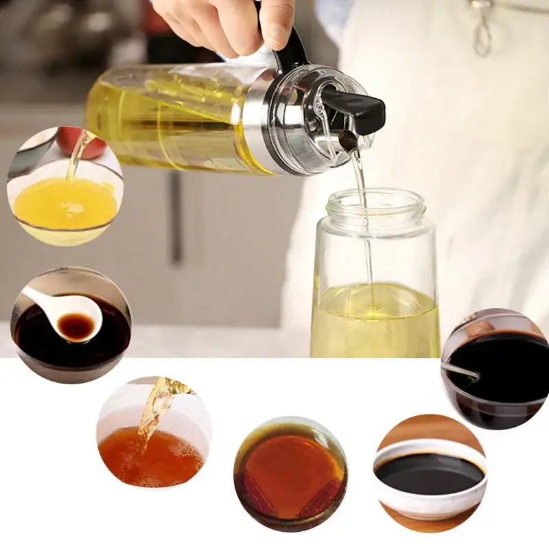 Clear glass durable automatic oil bottle with black handle and silver metal cap for kitchen storage in red and gold set