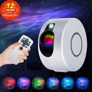 White cylindrical dynamic galaxy star projector light with black lens and colorful internal display for bedroom ceiling decor