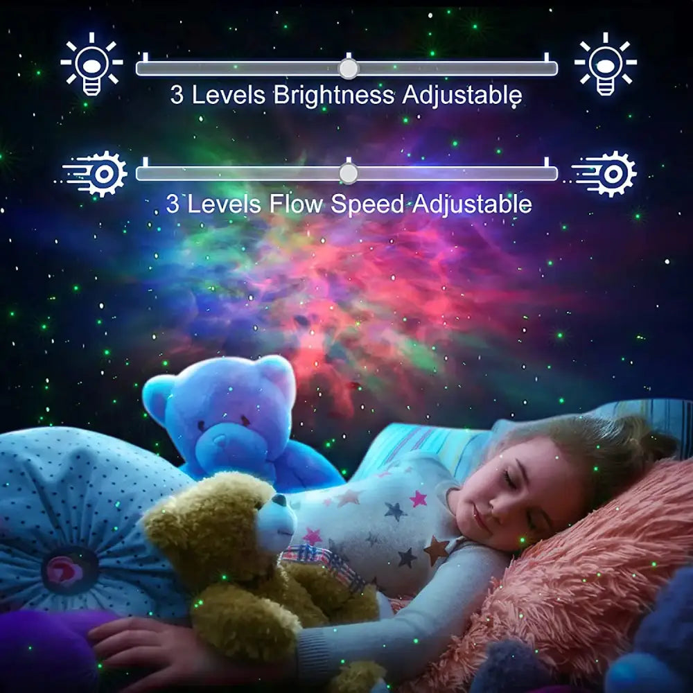 Dynamic galaxy star projector light casting vibrant adjustable starlight patterns on white bedroom ceiling above sleeping child