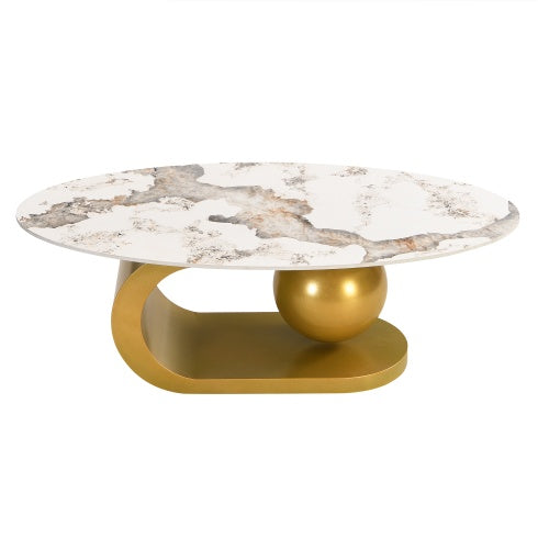 Mesa de Centro Oval Moderna para Sala de Estar, Encimera de Mesa de Centro de Piedra Sinterizada con Patrón de Mármol y Base de Acero Inoxidable Dorado en 47.2