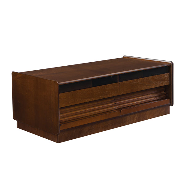 Mesa de Centro Rectangular Moderna U-Can con 4 Cajones y 2 Estanterías de Exhibición, Mesa de Centro de Madera con Estilo Acanalado, Vidrio Templado para la Sala de Estar