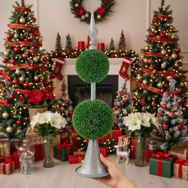 Planta Artificial de Dos Niveles D7x26.5" Esfera de Boj Natural en Maceta sobre Espira Metálica Círculo Bola Decoración para Escritorio de Hogar u Oficina Envío FBA