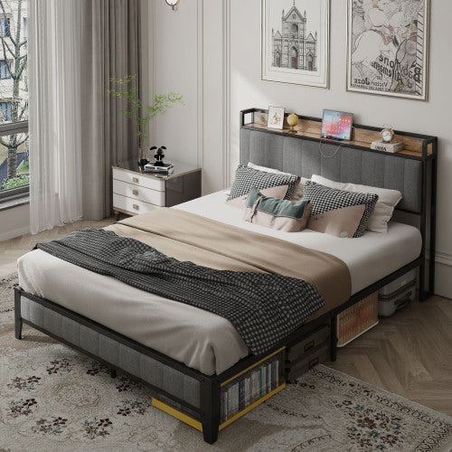 Bettgestell in Queensize mit Lade-Station, gepolstertem Kopfteil, Metallplattform, Grau