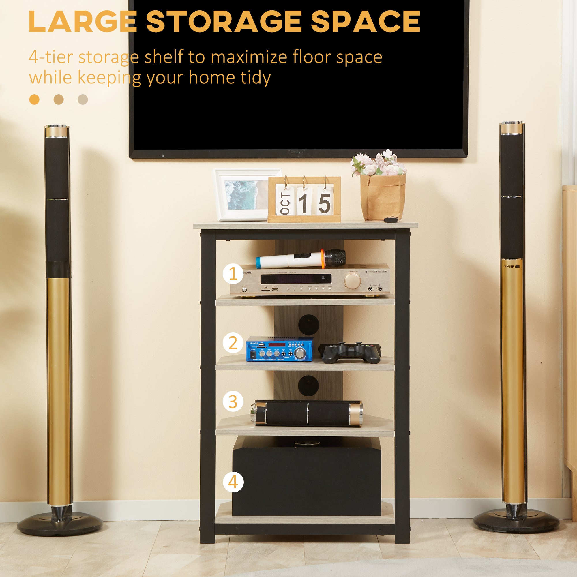 Soporte de Medios con Estantería de Audio de 4 Niveles Estante de Esquina para Medios AV con Gestión de Cables para Reproductores de DVD Consola de Juegos Cable de TV Router WiFi