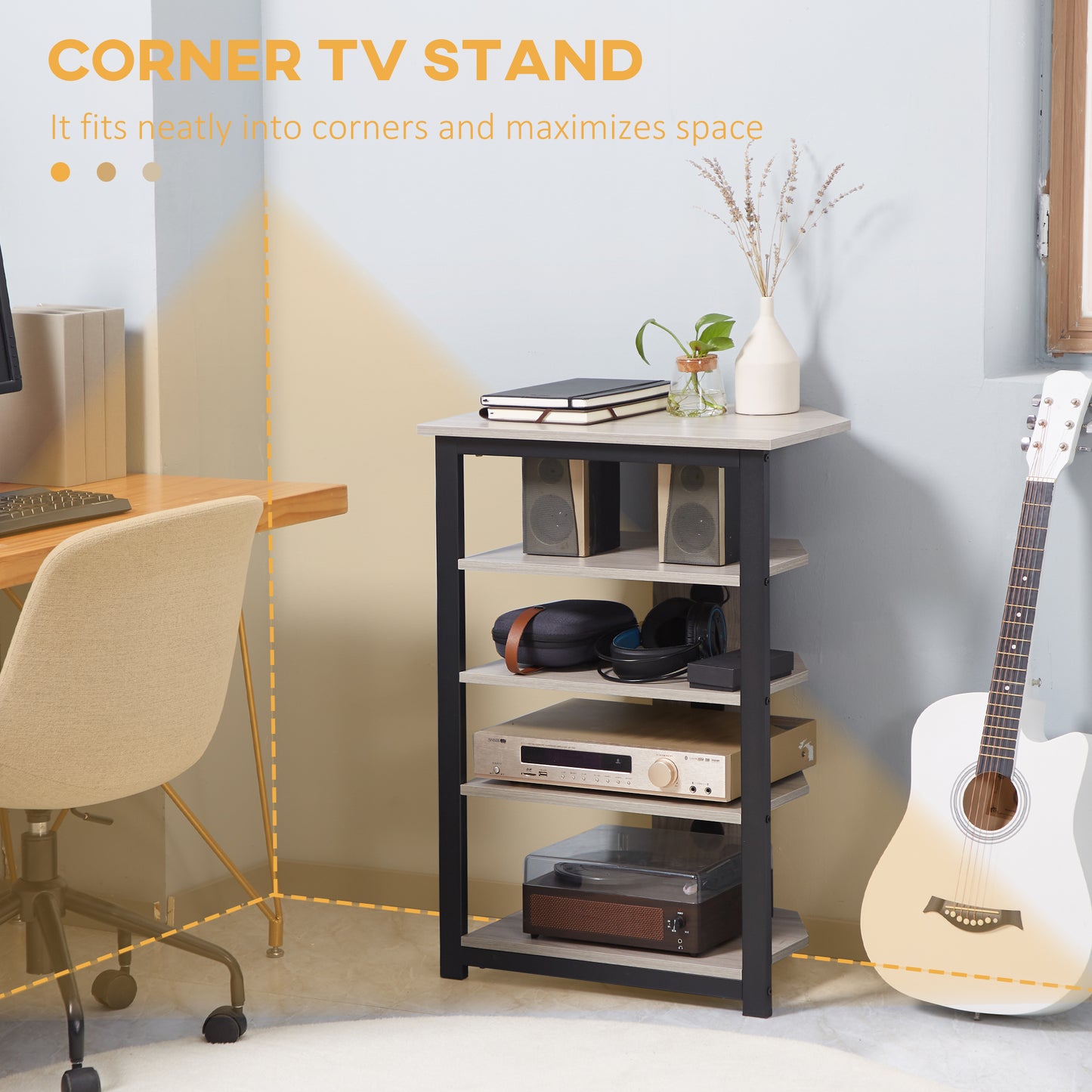 Media Stand With 4-Tier Audio Rack AV Media Corner Shelf With Cable Management For DVD Players Game Console TV Cable WiFi Router