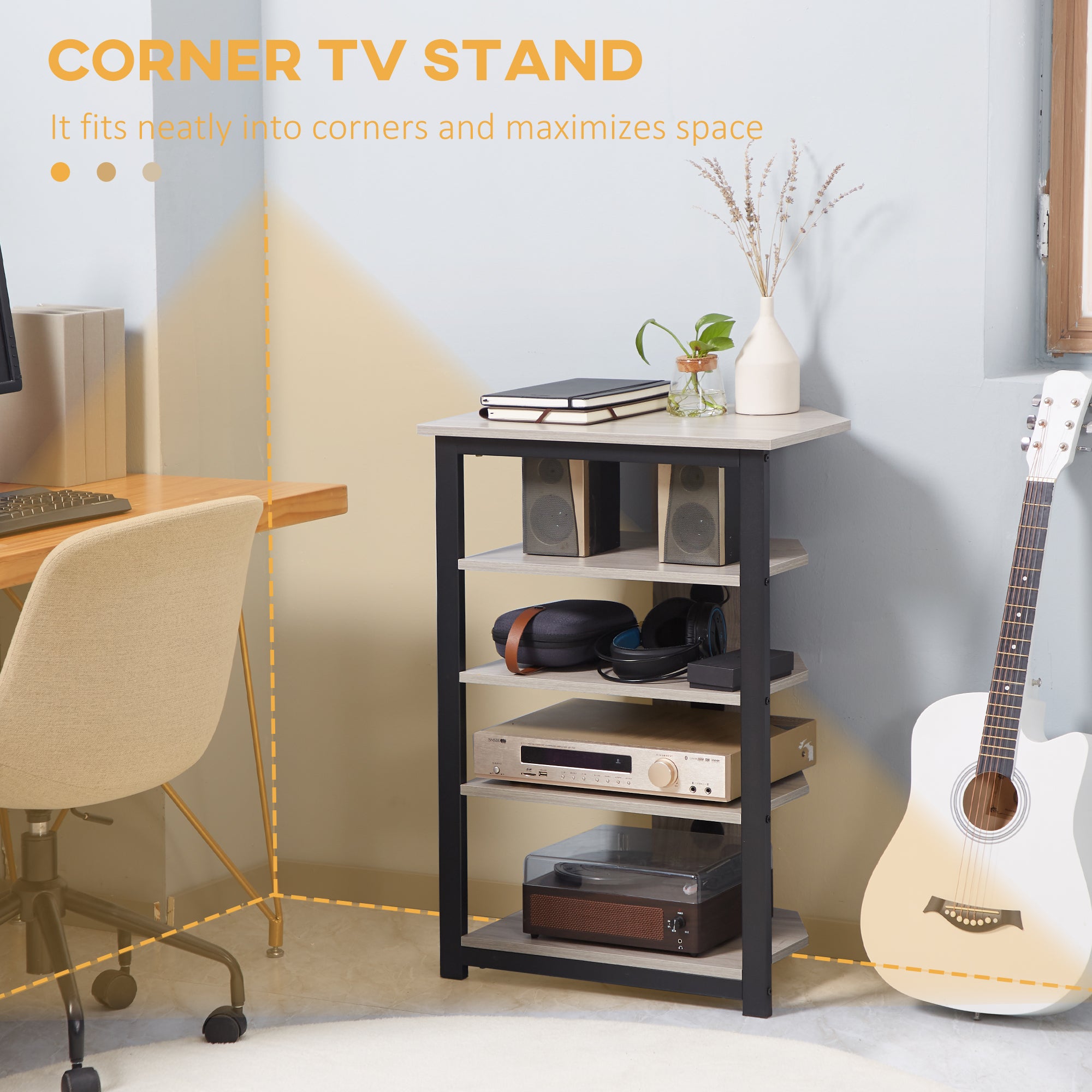 Soporte de Medios con Estantería de Audio de 4 Niveles Estante de Esquina para Medios AV con Gestión de Cables para Reproductores de DVD Consola de Juegos Cable de TV Router WiFi