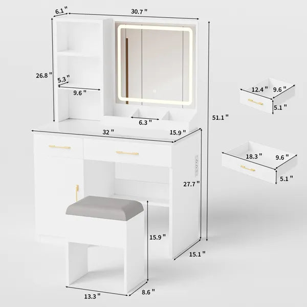 Tocador de Maquillaje con Espejo y Luces, Mesa de Vanidad Blanca con Toma de Corriente y 3 Modos de Iluminación, Juego de Mesa de Vestir con Cajones de Gabinete, Estanterías y Taburete de Almacenamiento para Dormitorio