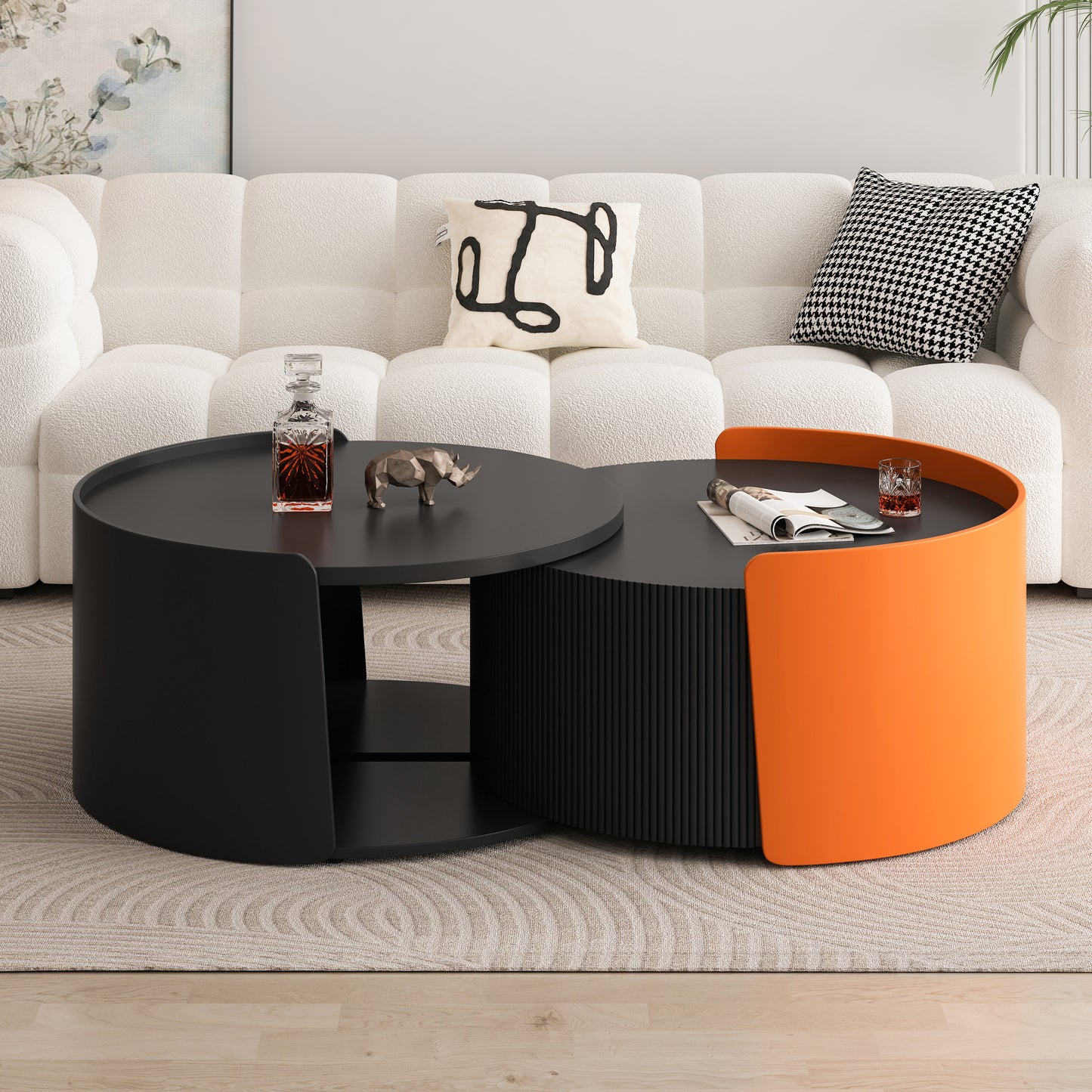 Nesting Coffee Table, Round Nesting Tables And End Tables For Small Space, Modern Side Tables With Extendable Sliding Tabletop For Living Room, Office,Black, No Need Assembly