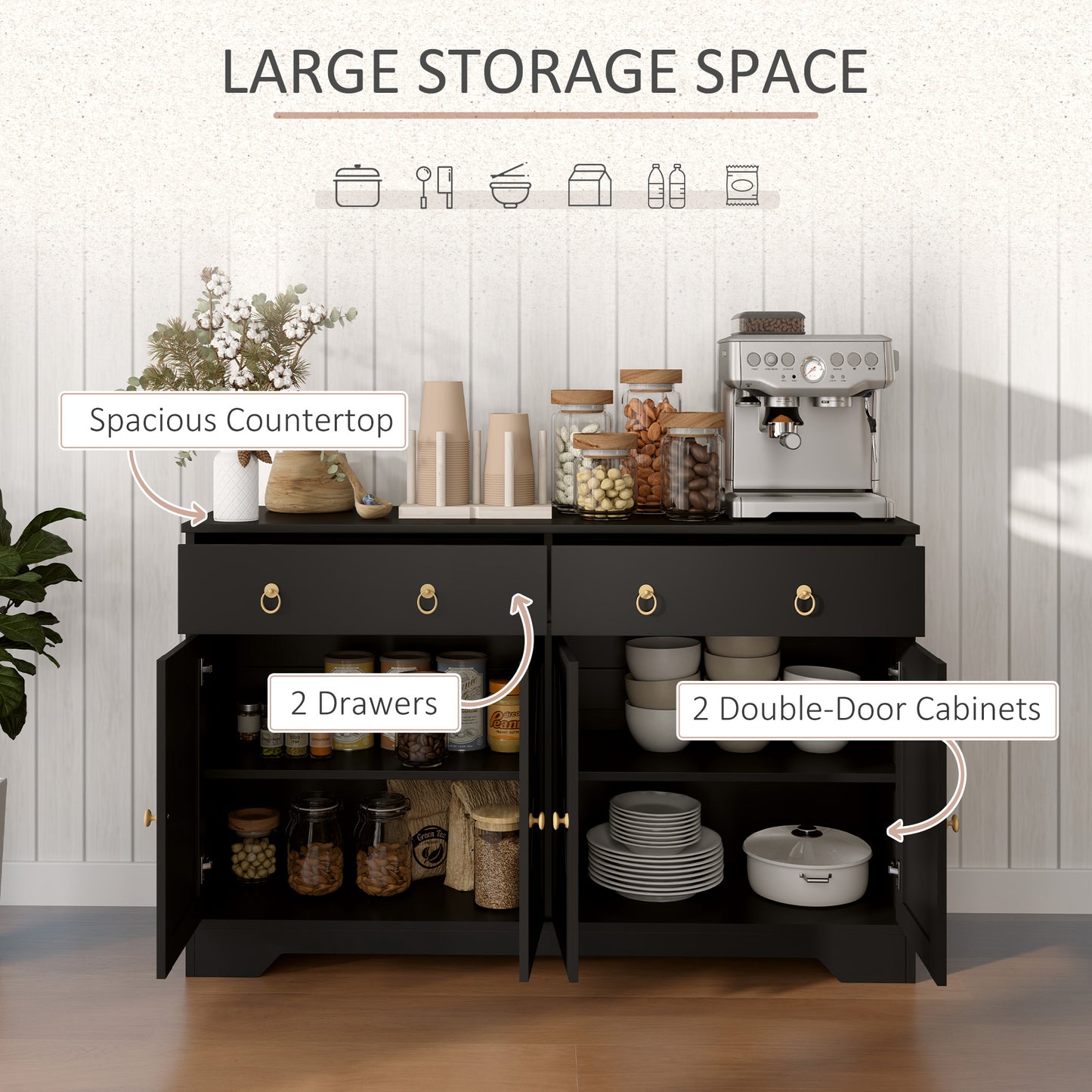 Kitchen Storage Sideboard, Farmhouse Buffet Cabinet With Barn Style Doors, Drawers, Adjustable Shelves, Black