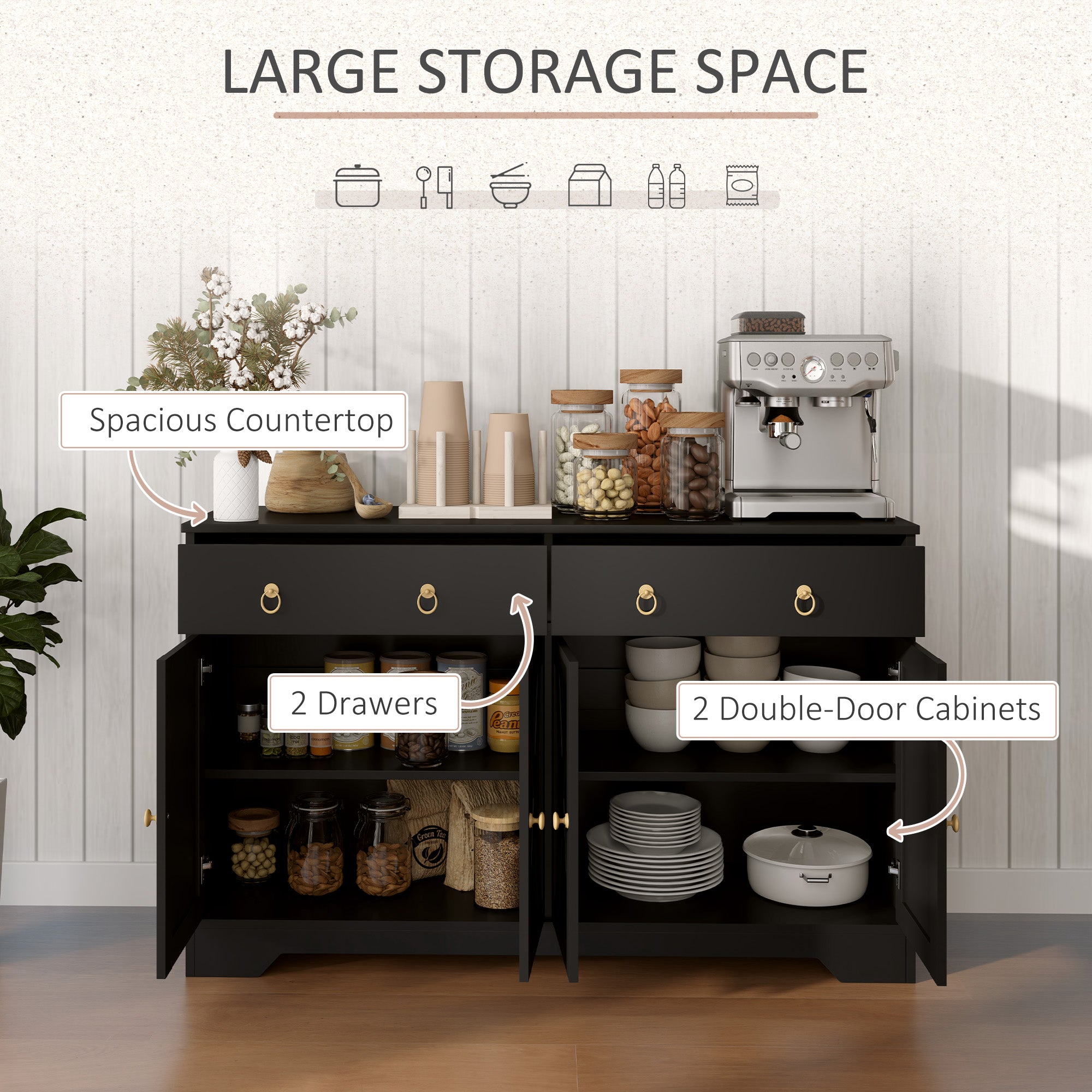 Aparador de Almacenamiento para Cocina, Buffet de Estilo Granja con Puertas de Estilo Granero, Cajones, Estanterías Ajustables, Negro