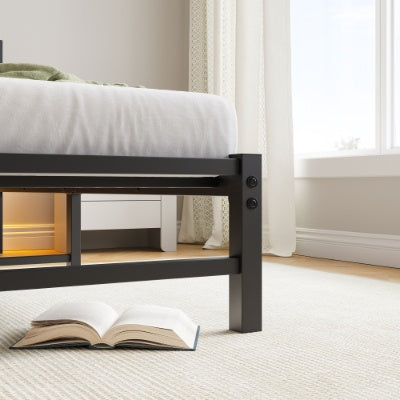 Estructura de Cama Tamaño Individual Marco de Cama Plataforma de Uso Intensivo con Cabecero, Estación de Carga USB, Cama con Luces LED, No Se Requiere Resorte de Caja, Base para Colchón, Listones de Acero Resistentes, Sin Ruido, Marrón